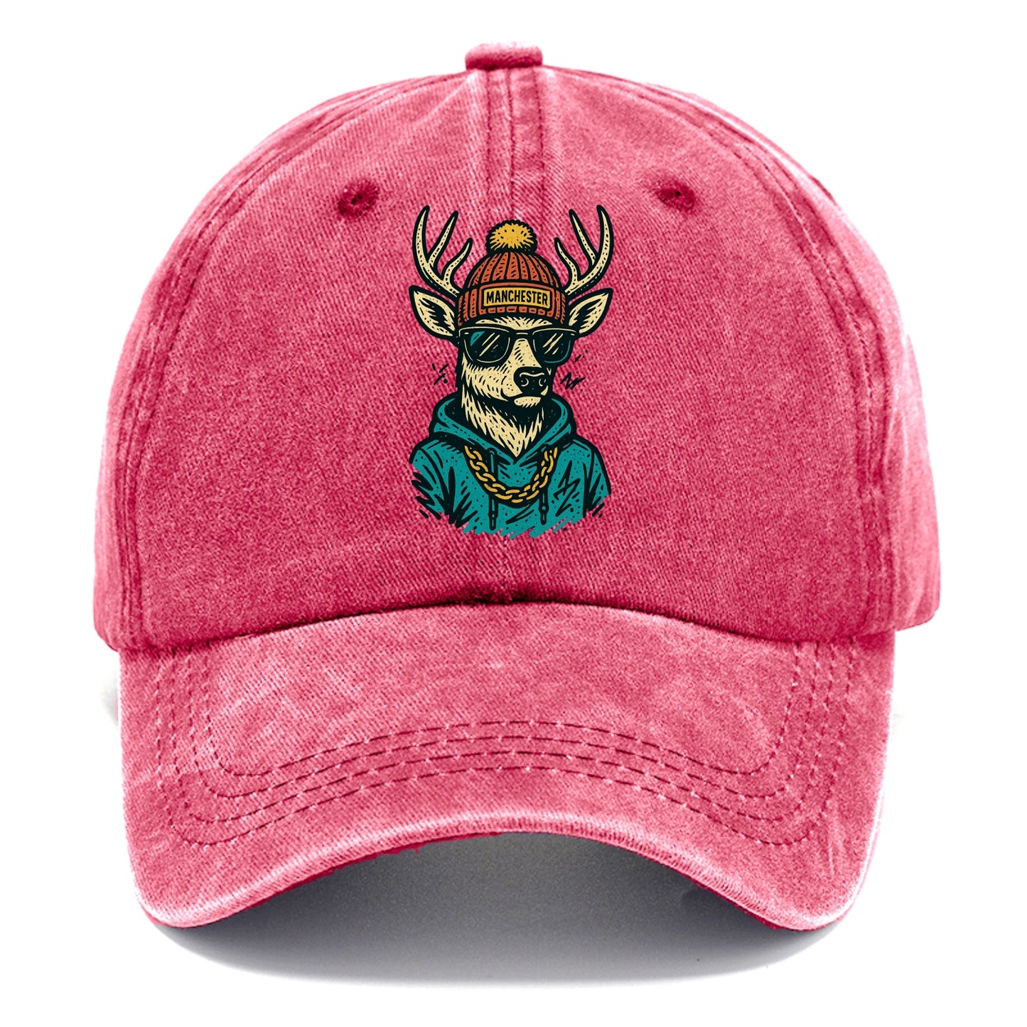 New Hampshire White-tailed Deer wearing Manchester beanie with pom pom and wayfarer - Classic Cap - Pomegranate Blush(Pink)