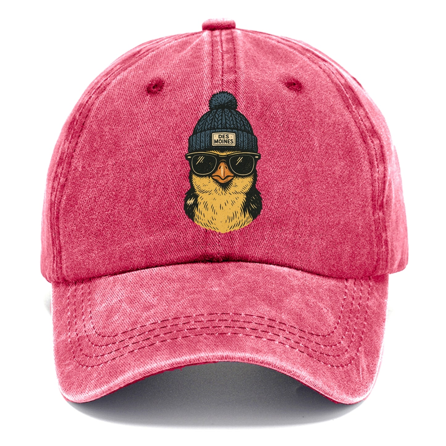 Iowa Goldfinch wearing Des Moines beanie with pom pom and wayfarer sunglasses - Classic Cap - Pomegranate Blush(Pink)