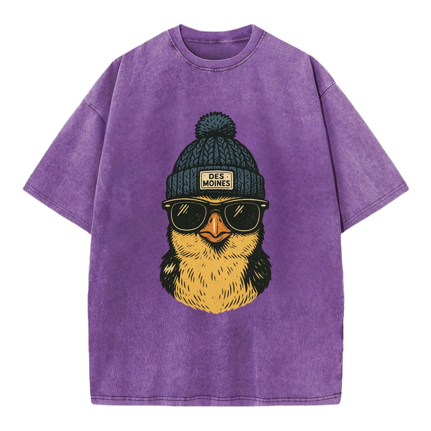 Iowa Goldfinch wearing Des Moines beanie with pom pom and wayfarer sunglasses - Vintage T-shirt - Purple