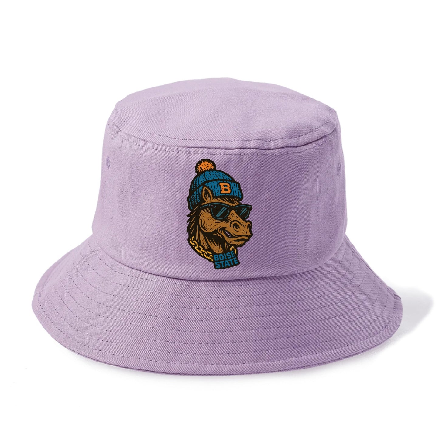 Boise Bronco wearing Boise State beanie with B patch - Bucket Hat - Purple