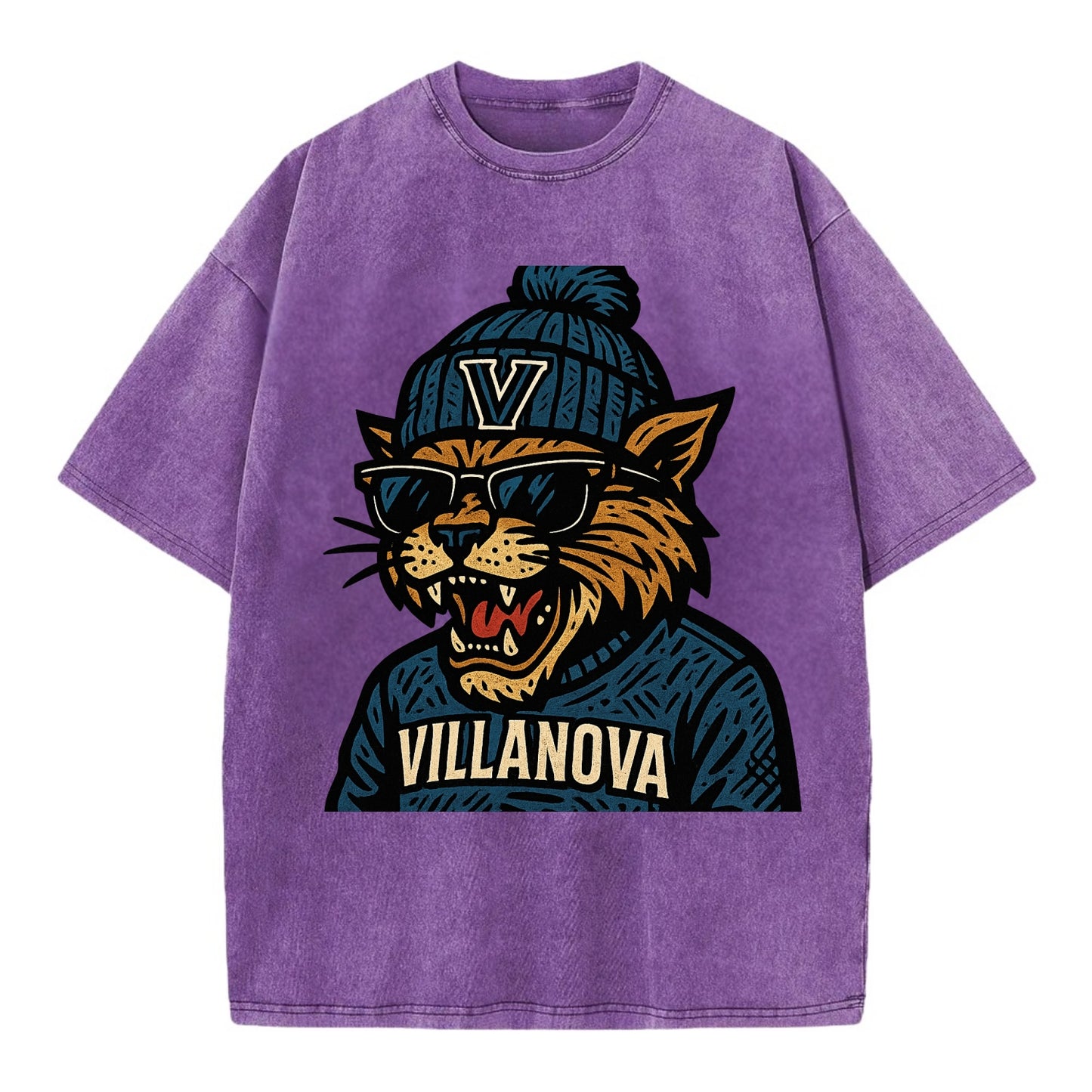 Villanova Wildcat wearing Villanova beanie with V patch - Vintage T-shirt - Purple