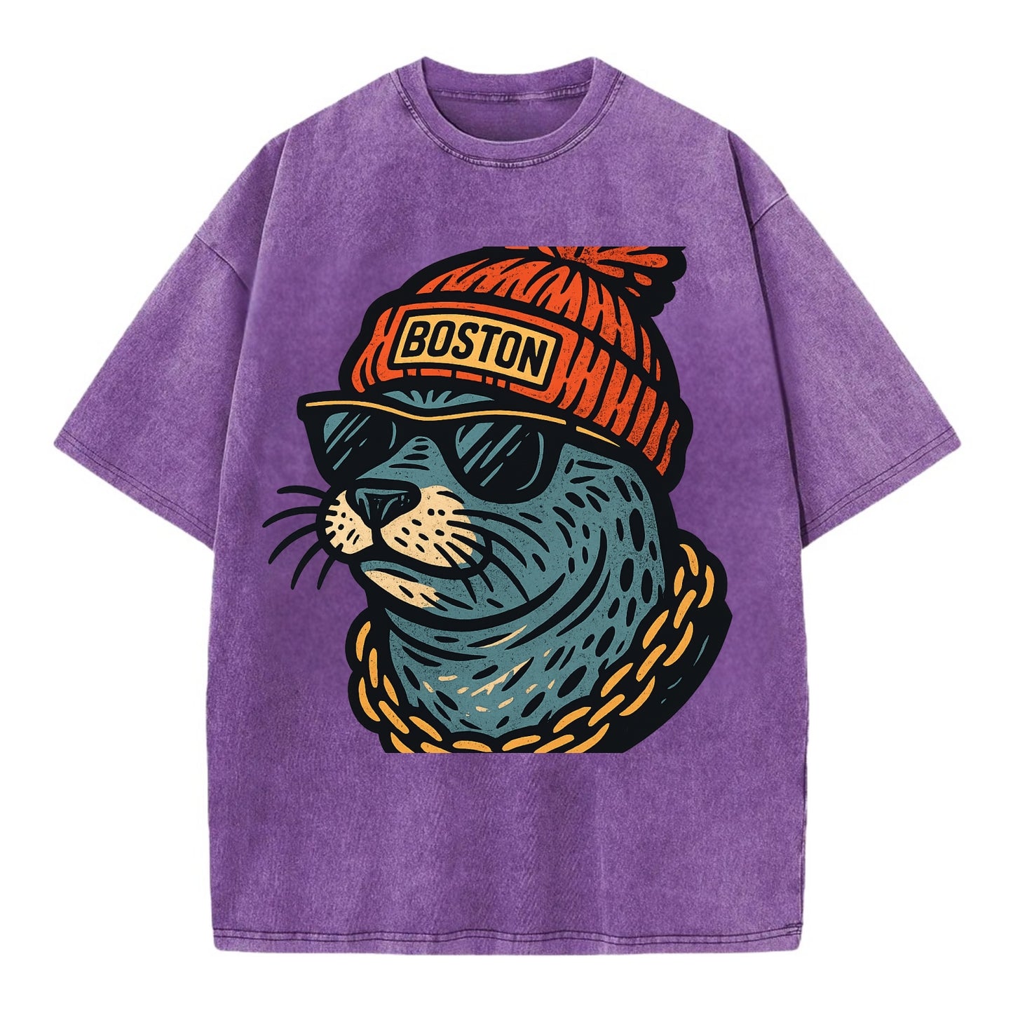Boston Harbor Seal wearing Boston beanie with pom pom and wayfarer sunglasses - Vintage T-shirt - Purple