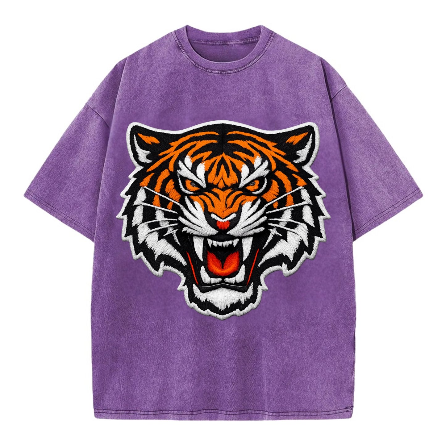 TIGER STRIPES FACE - fierce tiger face in orange, black and white , predator power - Vintage T-shirt - Purple