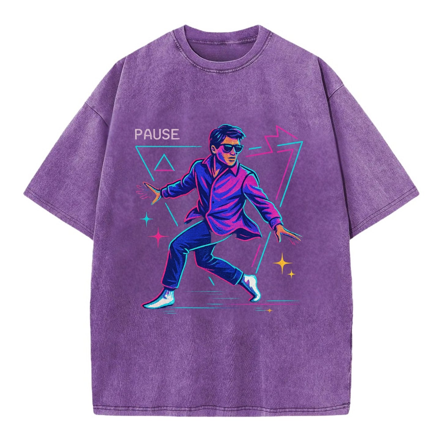 confident figure sliding across polished wooden floor in socks and sunglasses - Vintage T-shirt - Purple