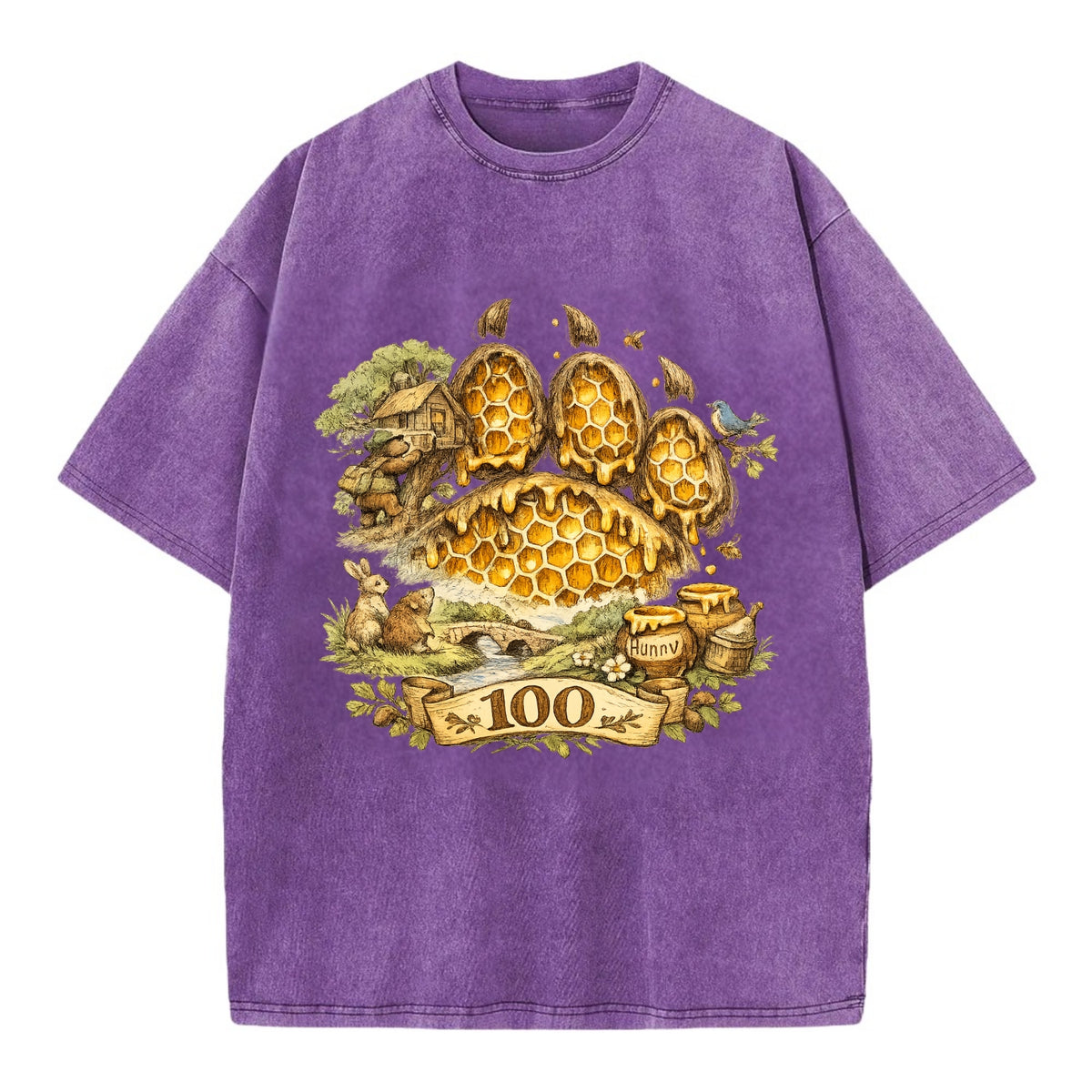 HONEY PAW | Bear paw print filled with honeycomb | Sticky evidence | Forest - Vintage T-shirt - Purple