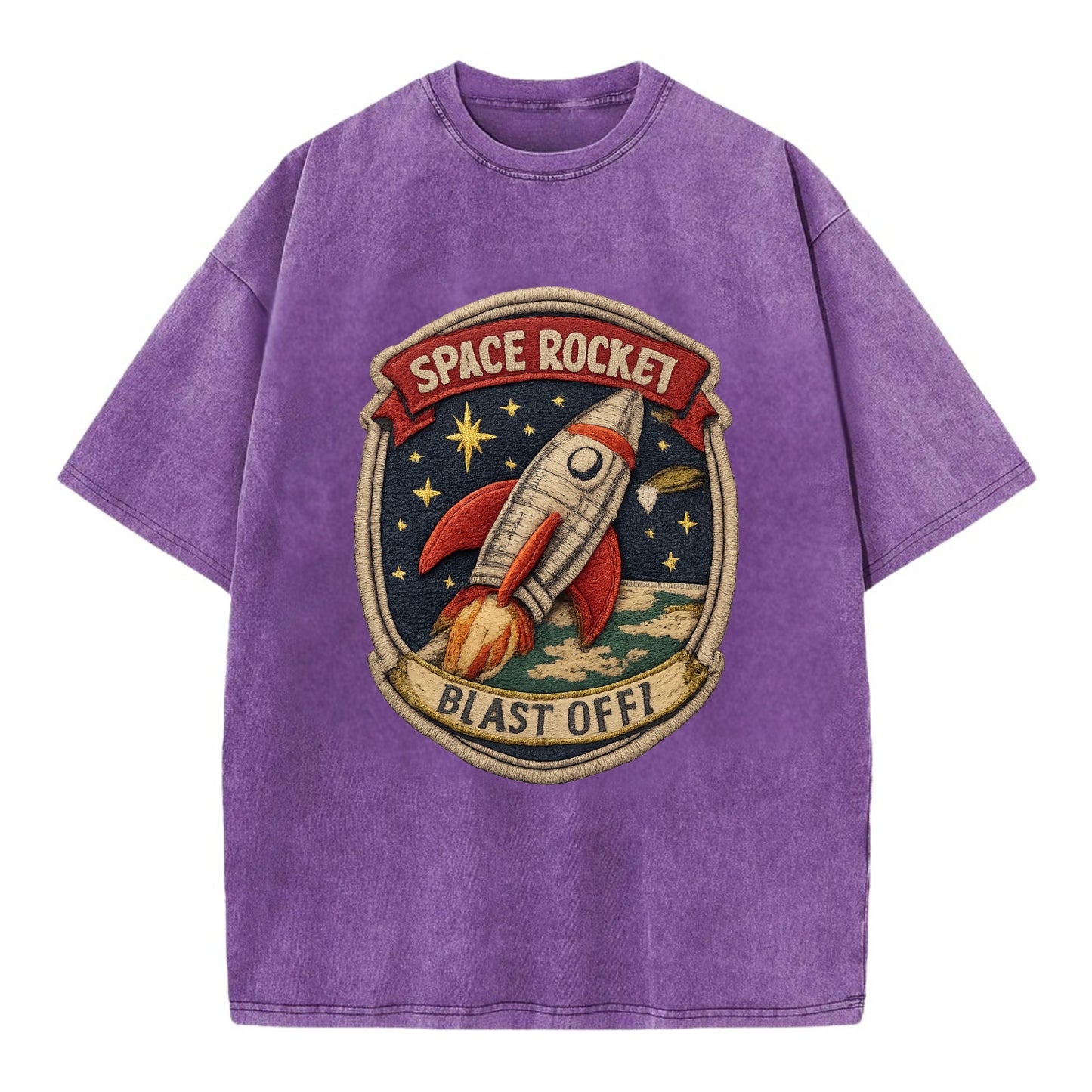 RETRO ROCKET - 1950s space rocket in silver and red , atomic age - Vintage T-shirt - Purple