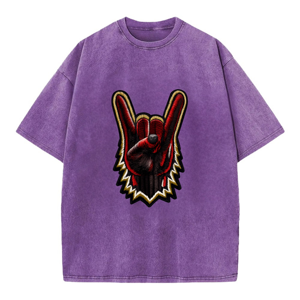 ROCK HAND HORNS - devil horns hand gesture in black and red , metal music - Vintage T-shirt - Purple