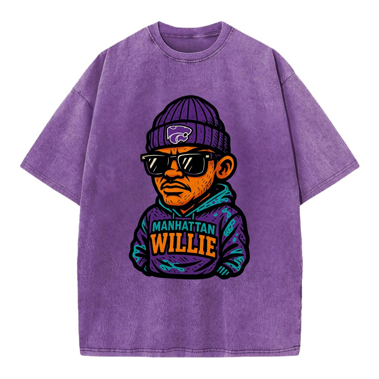 Manhattan Willie wearing Kansas State beanie with powercat patch - Vintage T-shirt - Purple