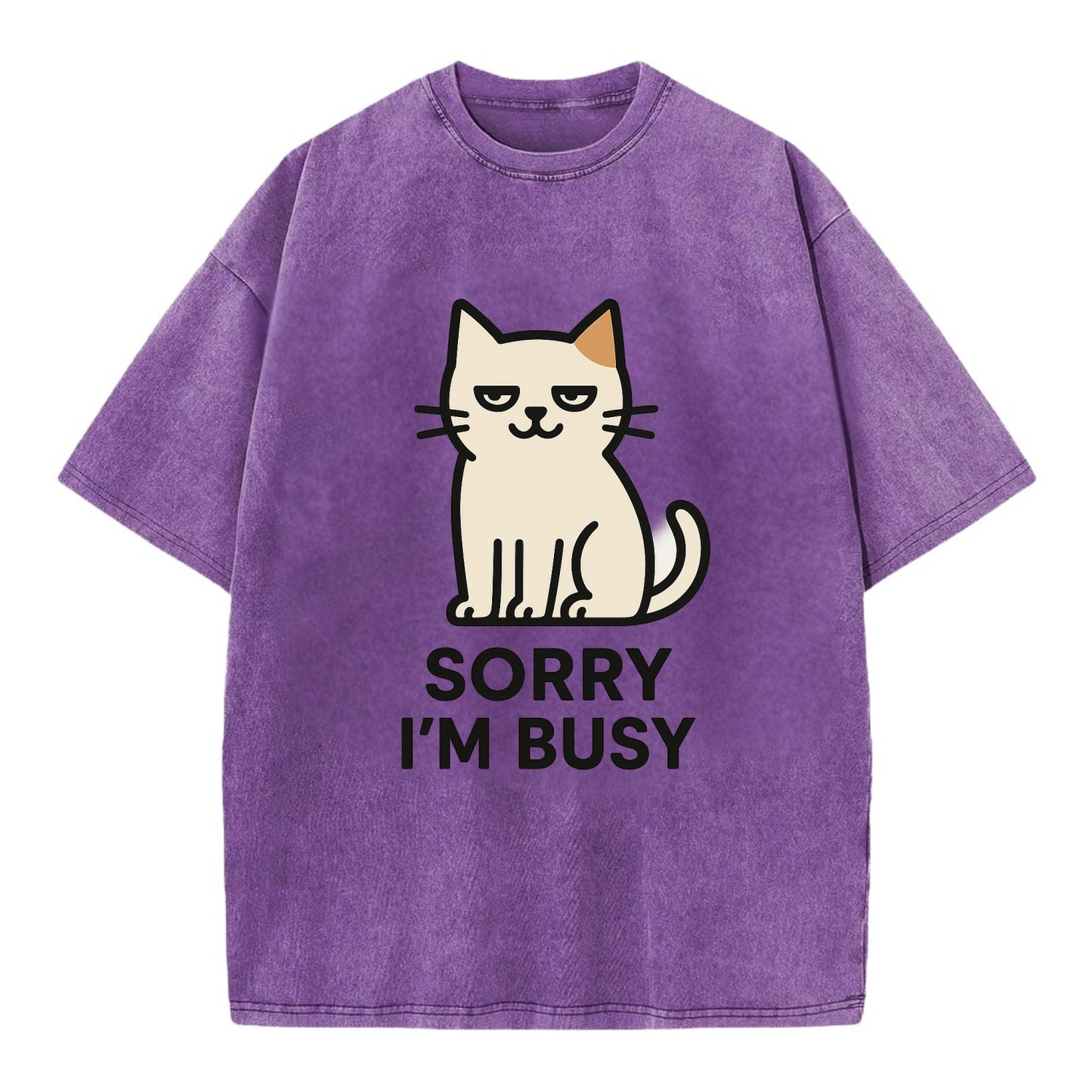 Cat sitting alone looking content - "SORRY I'M BUSY" - not sorry at all - Vintage T-shirt - Purple