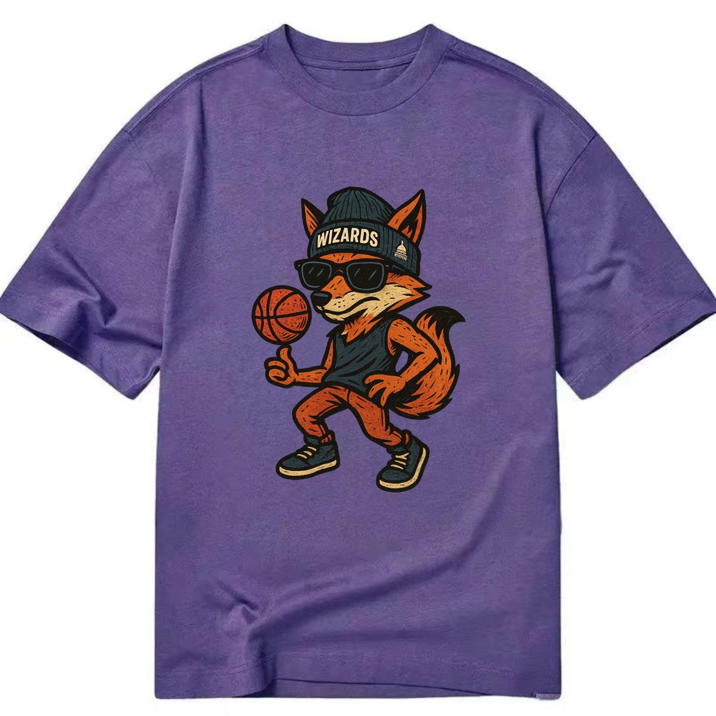 Washington Fox wearing Wizards beanie with capitol patch and wayfarer sunglasses - Classic T-shirt - Purple