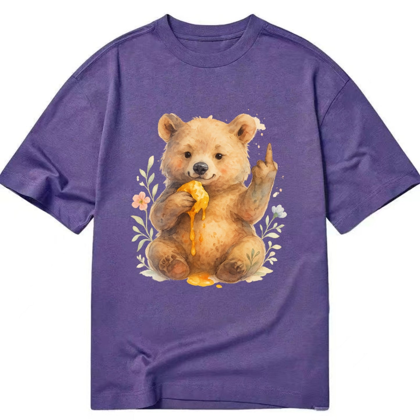 chubby bear cub eating dripping honey, sticky paw up with middle finger - Classic T-shirt - Purple