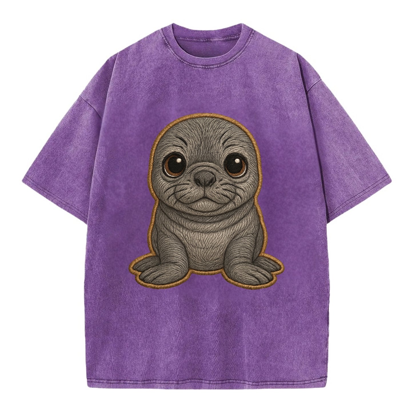 Baby Elephant Seal - gray wrinkly, tiny trunk nose, big dark eyes, front-facing, - Vintage T-shirt - Purple