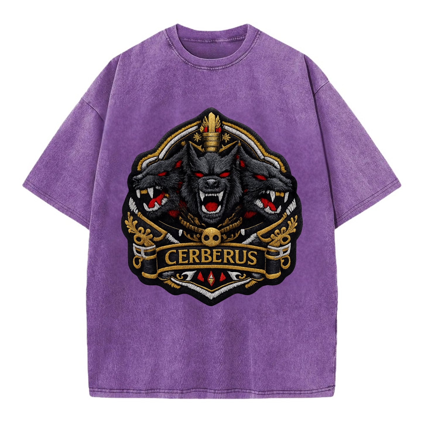 CERBERUS THREE HEADS - triple hound in black and red , underworld - Vintage T-shirt - Purple