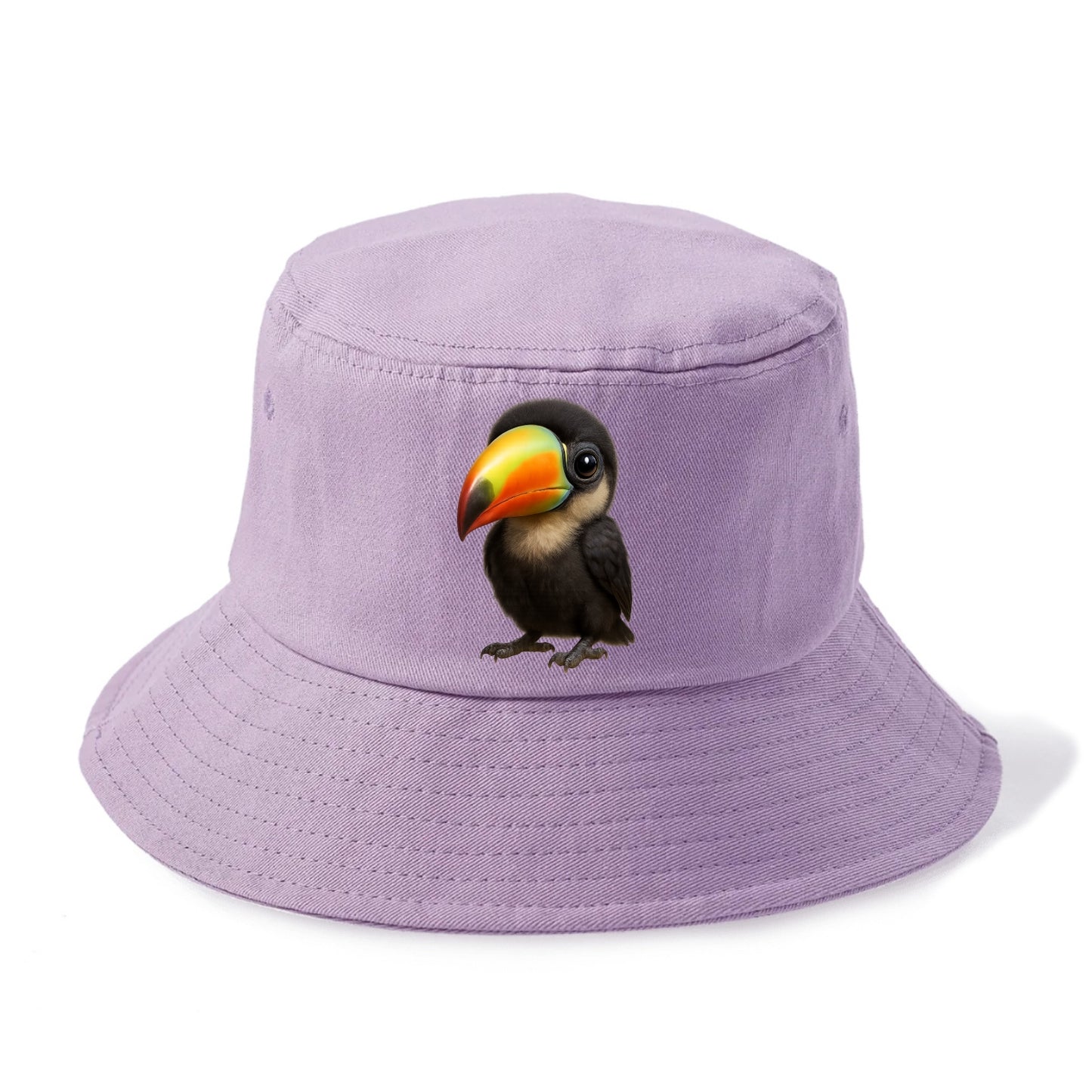 Baby Toucan - oversized colorful beak, black feathers, bright eyes, front-facing, - Bucket Hat - Purple
