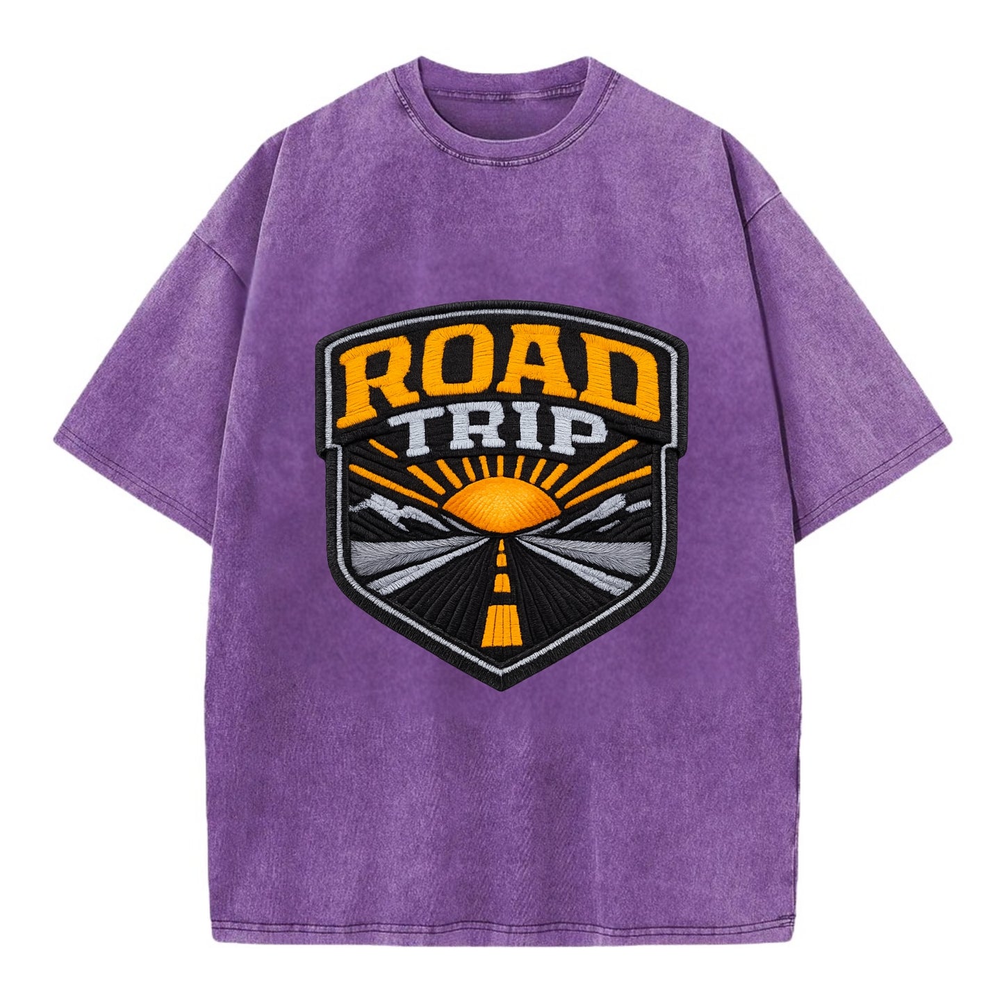 ROAD TRIP - highway and sun in orange and gray , open road - Vintage T-shirt - Purple