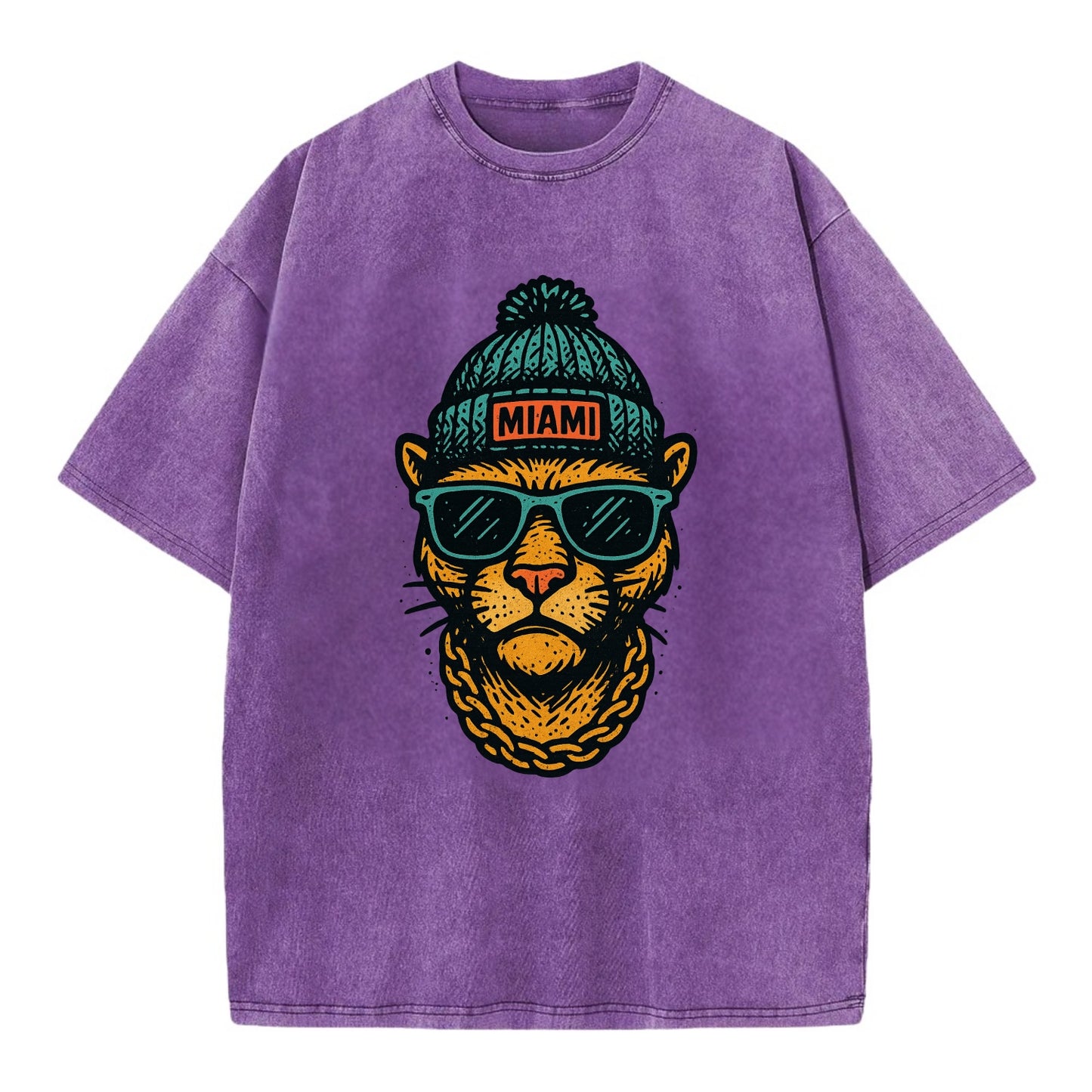 Florida Panther wearing Miami beanie with pom pom and wayfarer sunglasses - Vintage T-shirt - Purple