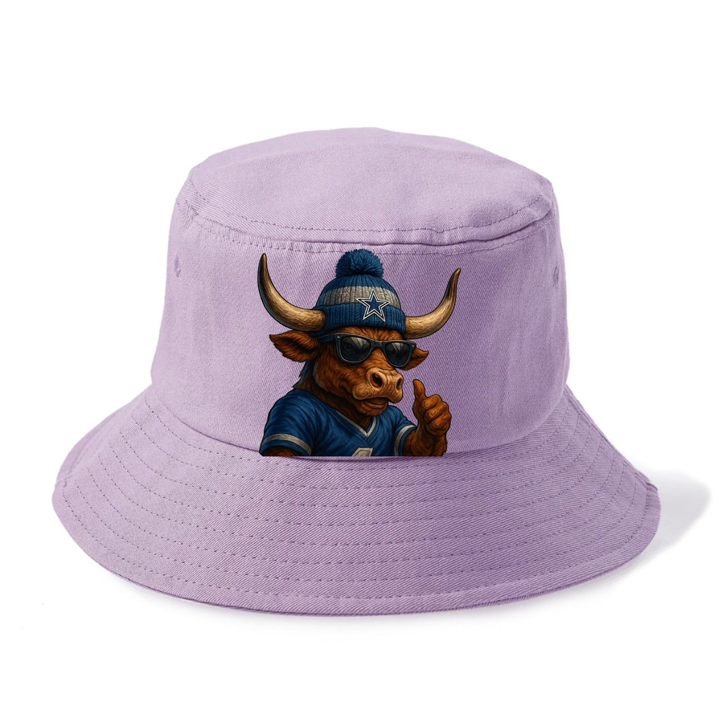 Texas Longhorn wearing Cowboys silver and blue beanie with star and wayfarer sunglasses - Bucket Hat - Purple