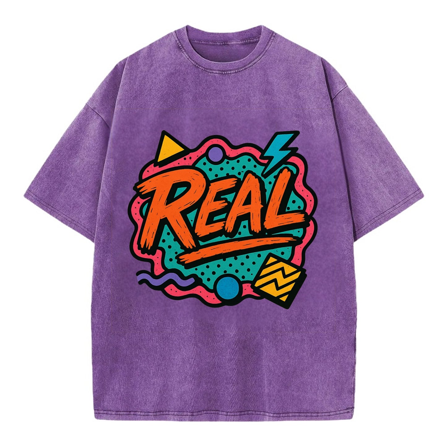 Imperfect brush strokes spelling "Real" - authenticity over perfection, raw and - Vintage T-shirt - Purple