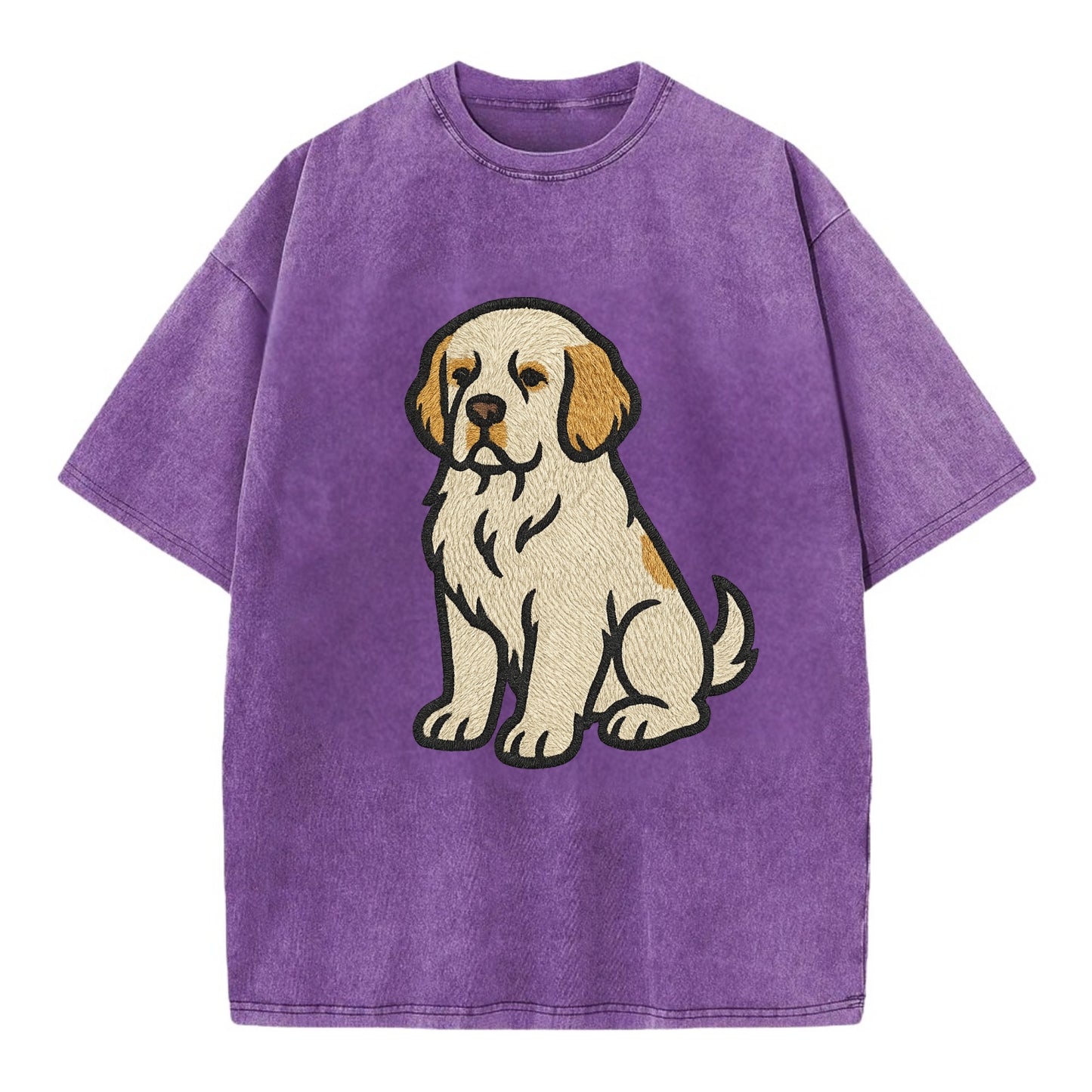 Clumber Spaniel - White with lemon markings embroidered pose - Vintage T-shirt - Purple