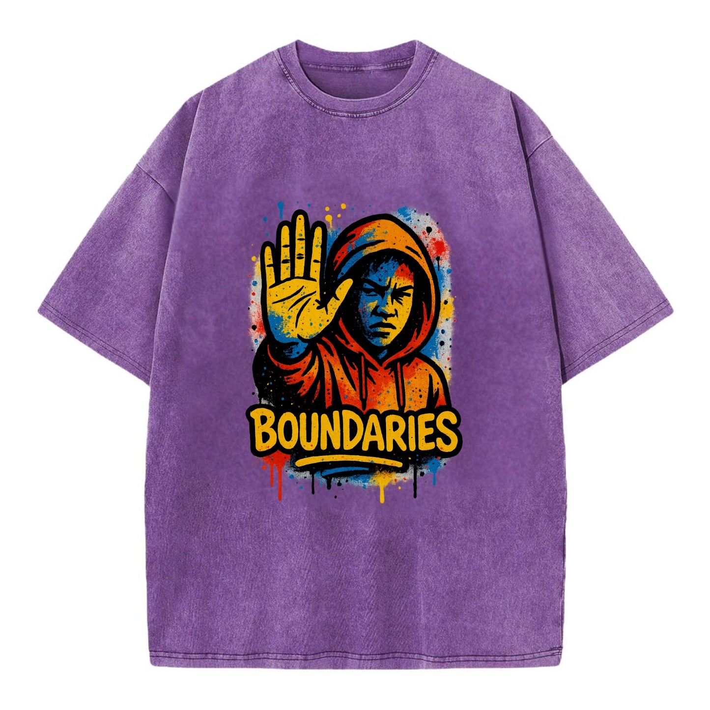 Person holding up hand in "stop" gesture - setting boundaries concept, - Vintage T-shirt - Purple