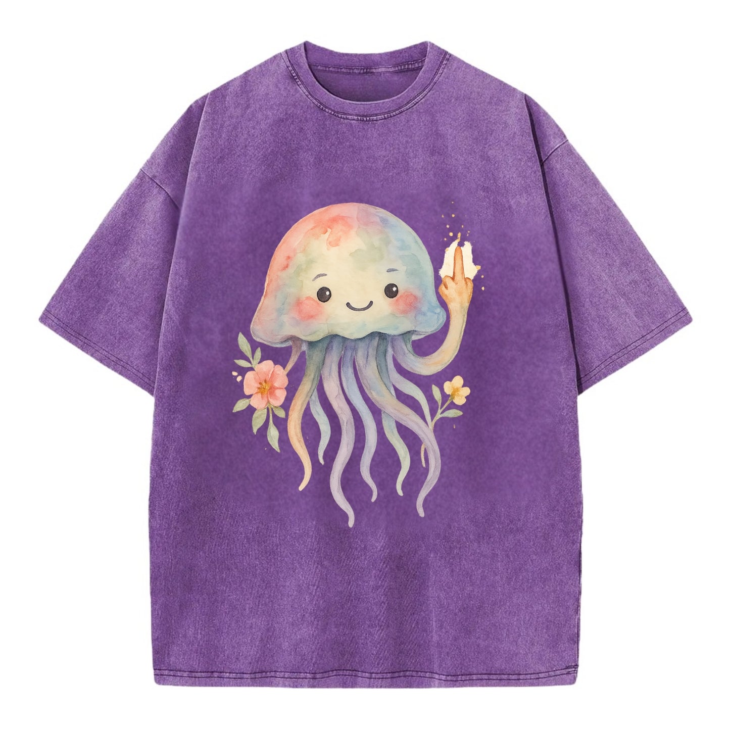 jellyfish with kawaii face and tentacles, one tentacle pointing up defiantly - Vintage T-shirt - Purple