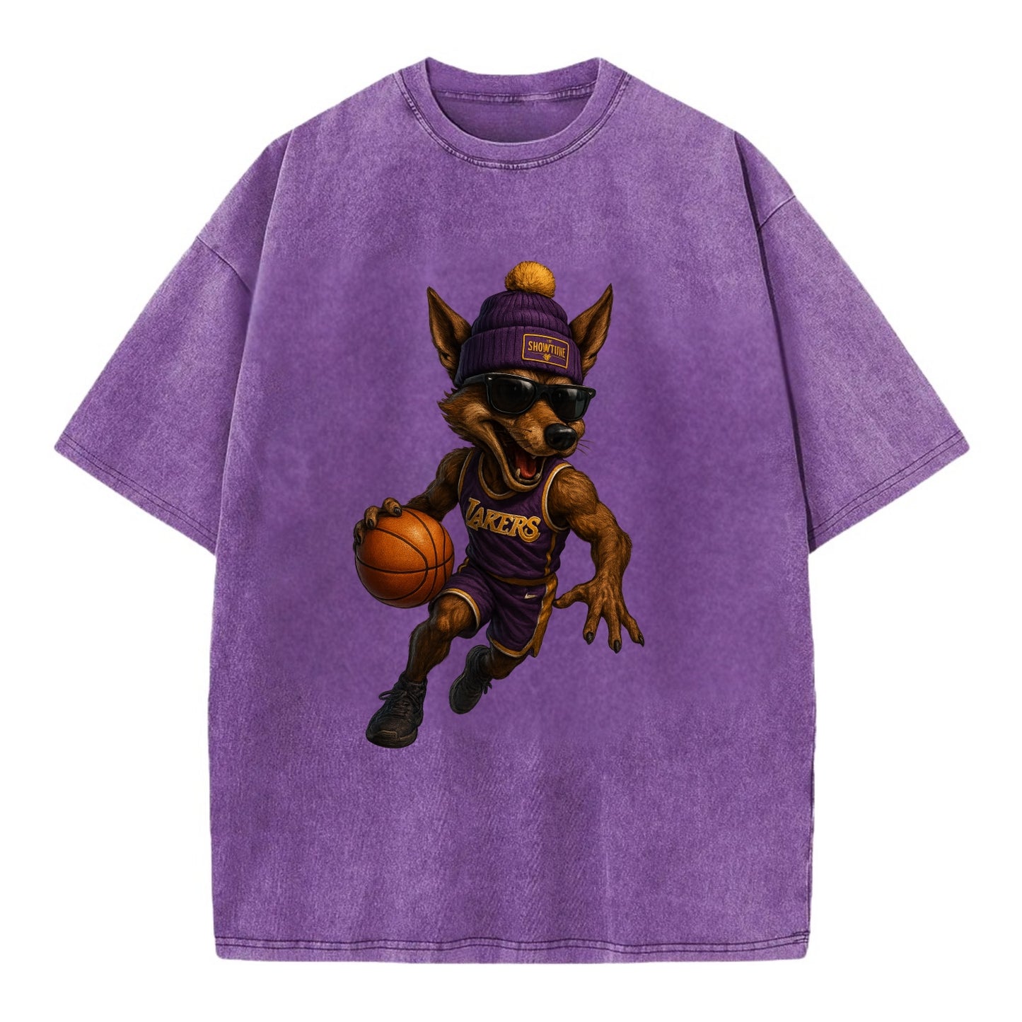 Hollywood Coyote wearing Lakers beanie with Showtime patch and wayfarer sunglasses - Vintage T-shirt - Purple
