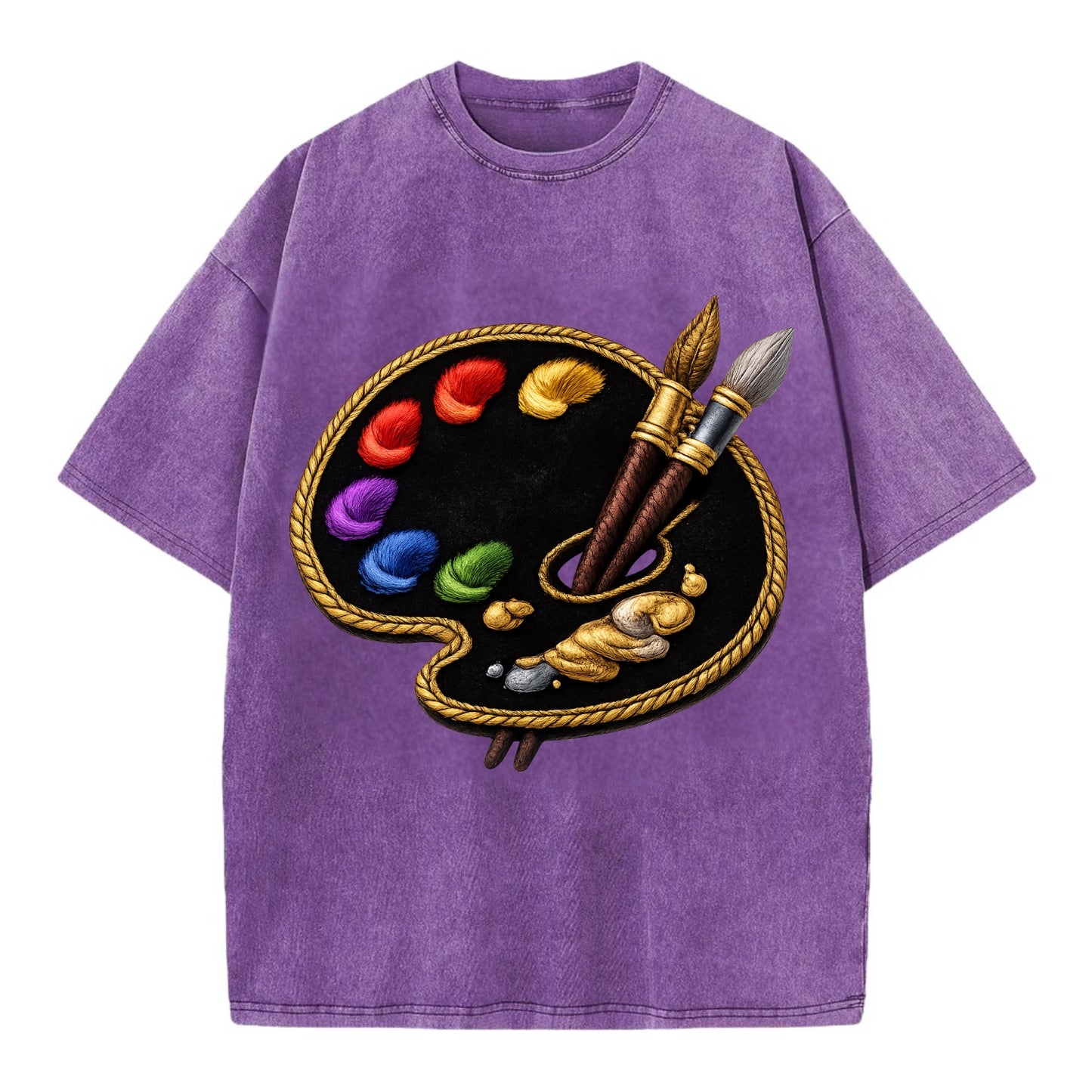 Embroidered patch design - PAINT PALETTE - artist palette with brushes in rainbow - Vintage T-shirt - Purple
