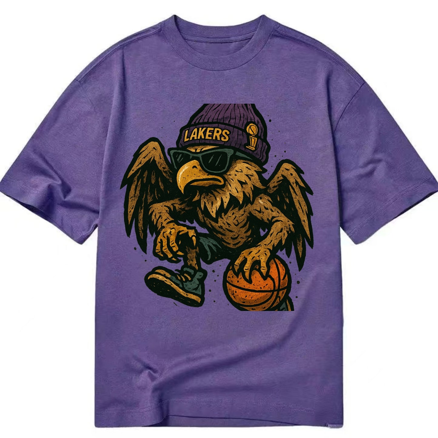 Los Angeles Golden Eagle wearing Lakers beanie with trophy patch and wayfarer - Classic T-shirt - Purple