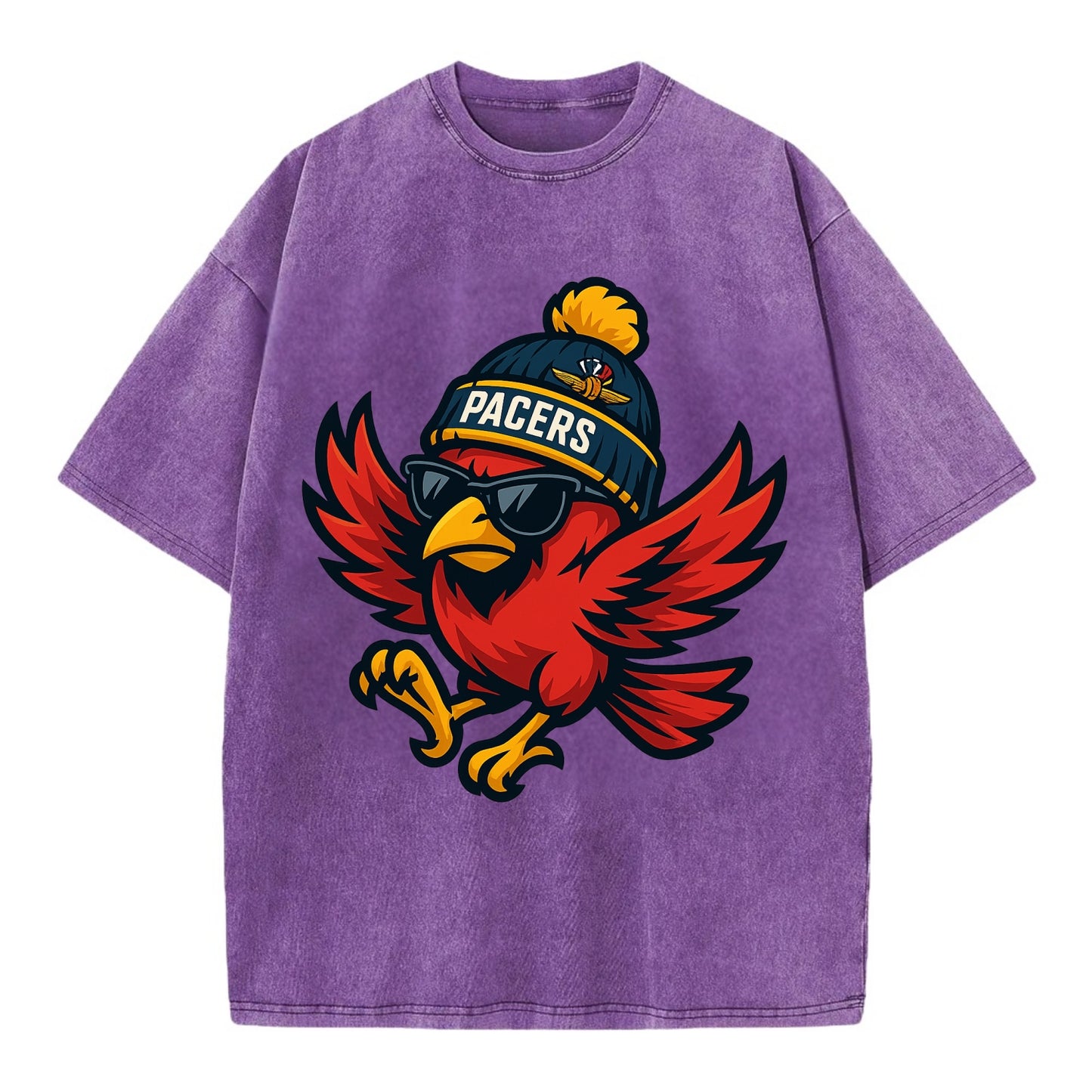 Indiana Cardinal wearing Pacers beanie with speedway patch and wayfarer sunglasses - Vintage T-shirt - Purple