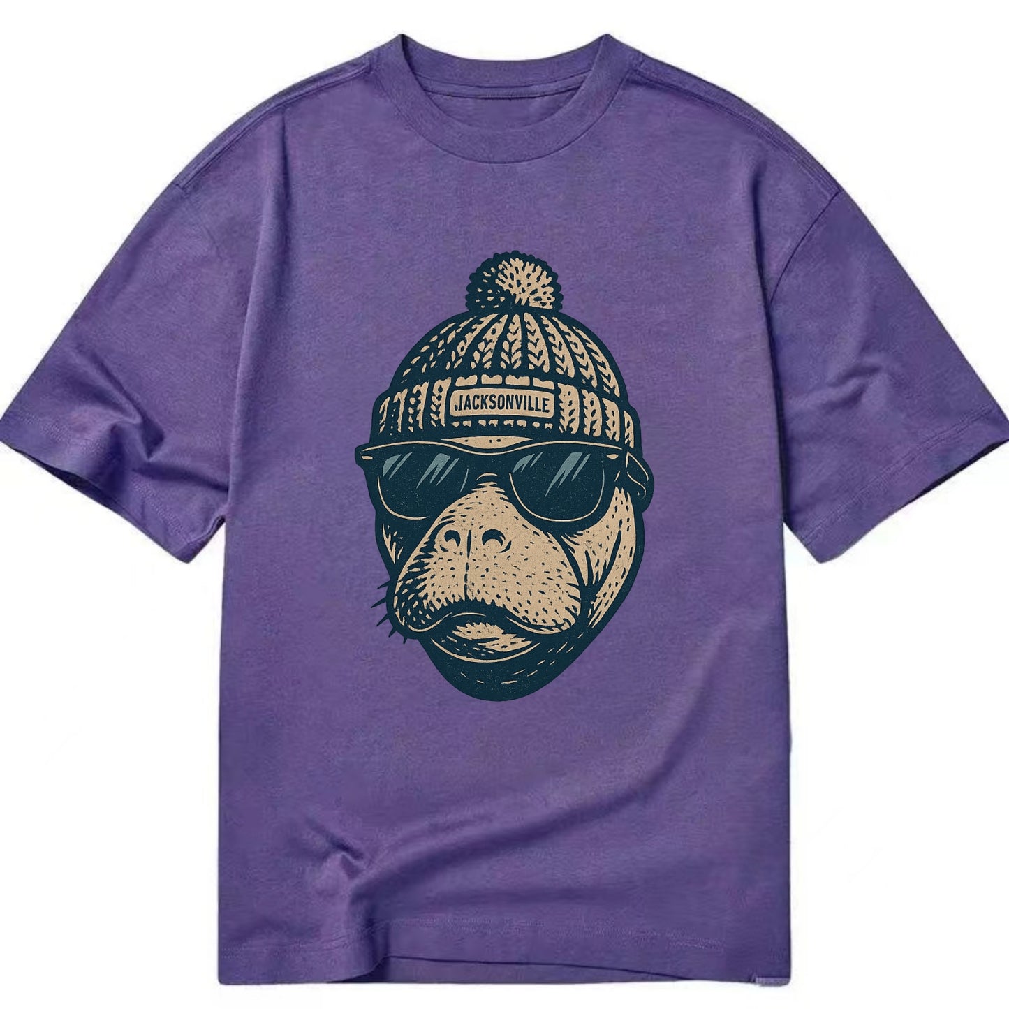 Jacksonville Manatee wearing Jacksonville beanie with pom pom and wayfarer - Classic T-shirt - Purple