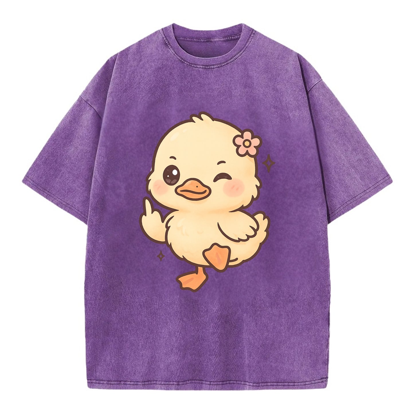 fluffy baby duck with small flower, one webbed foot raised sassily - Vintage T-shirt - Purple