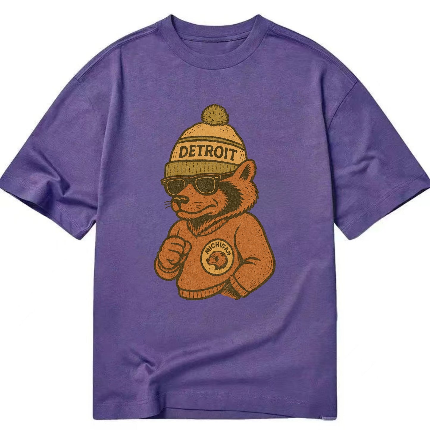 Michigan Wolverine wearing Detroit beanie with pom pom and wayfarer sunglasses - Classic T-shirt - Purple