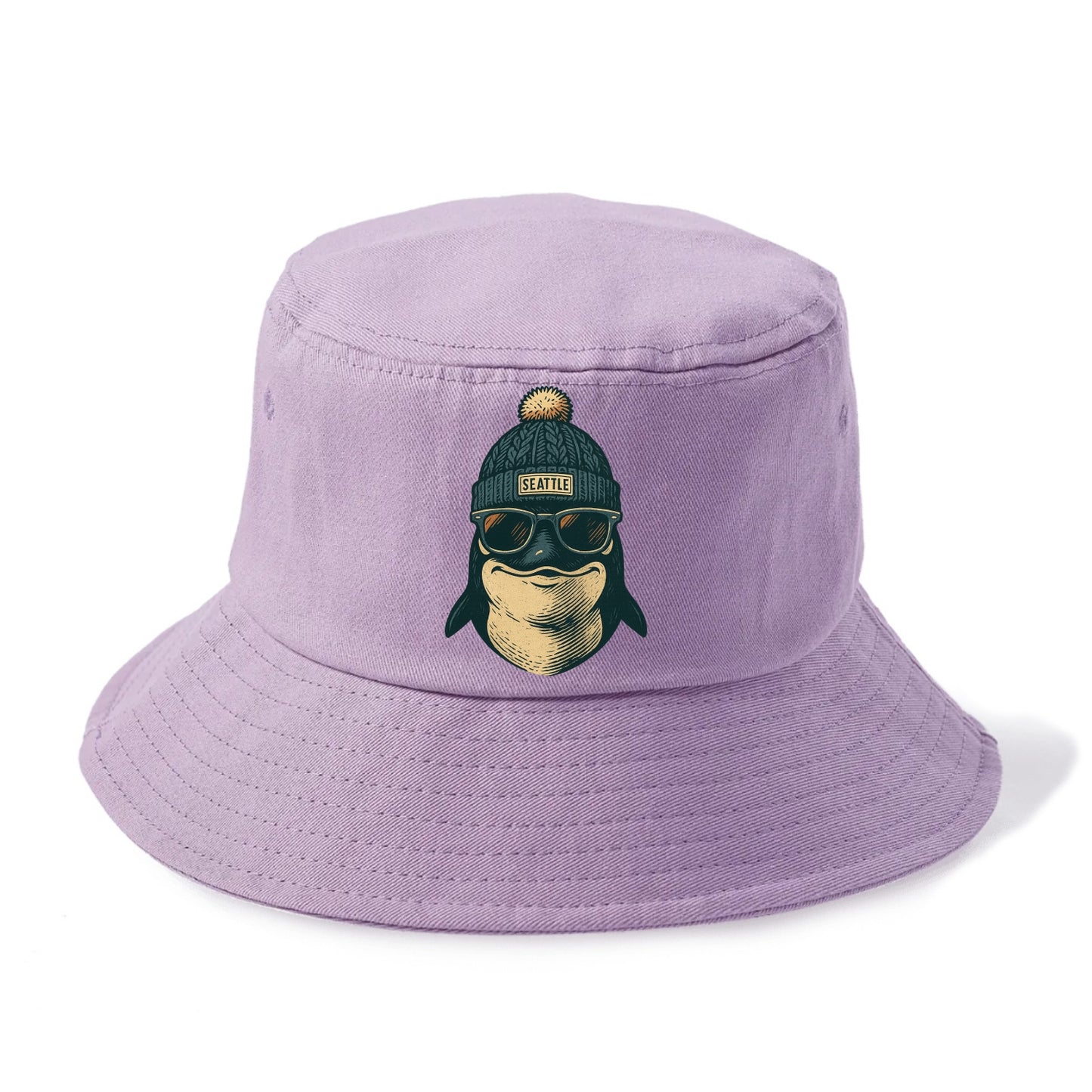 Washington Orca wearing Seattle beanie with pom pom and wayfarer sunglasses - Bucket Hat - Purple