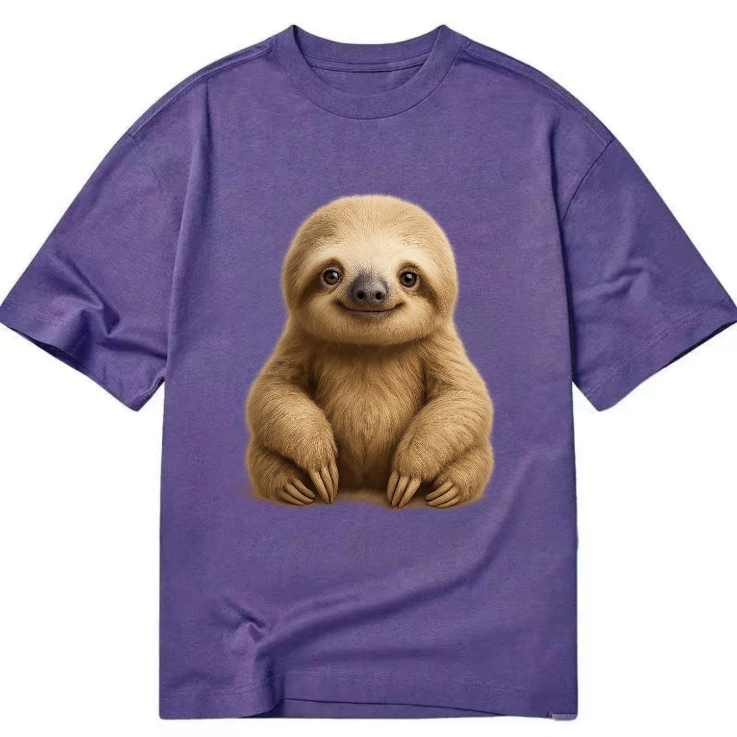 Baby Sloth - tan fur, long arms, peaceful smile, gentle eyes, front-facing, zen - Classic T-shirt - Purple