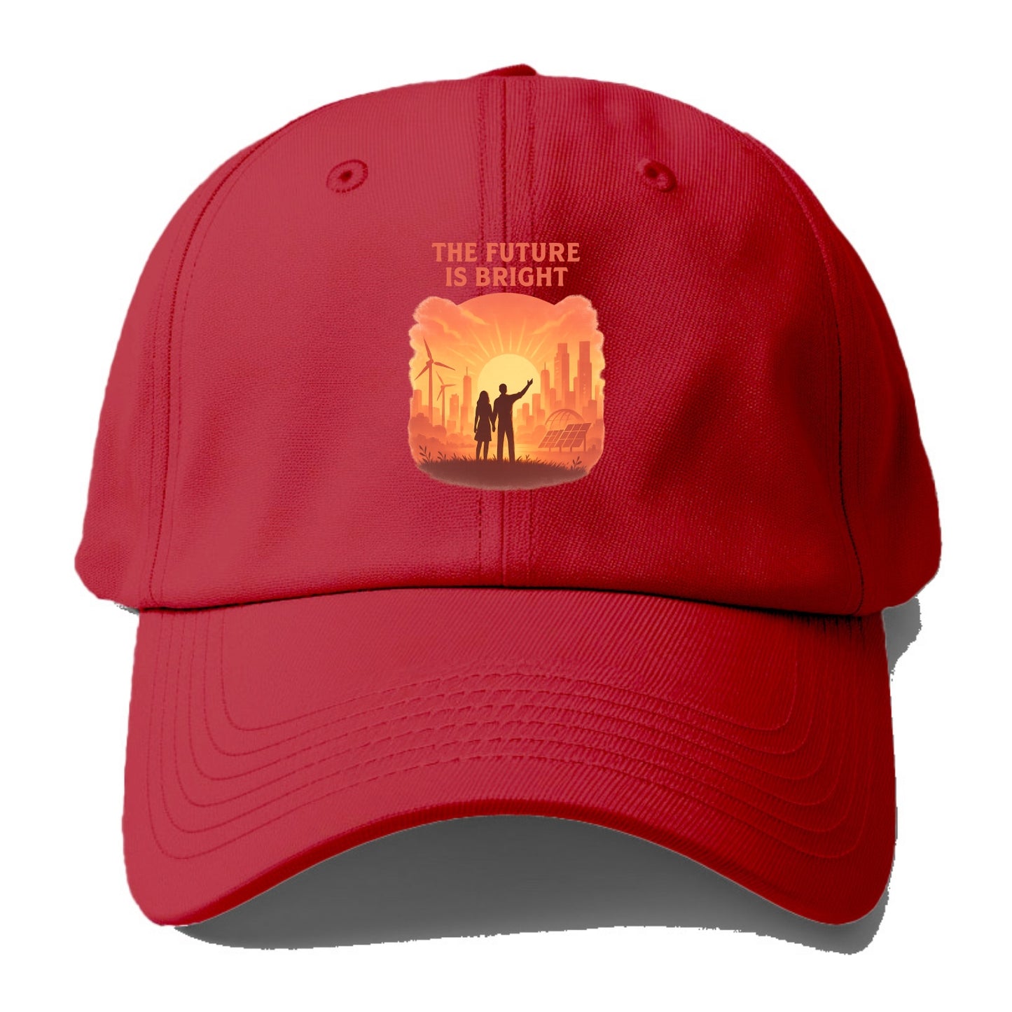 Sunrise over thriving sustainable city - "The Future is Bright" - optimistic vision - Baseball Cap - Red