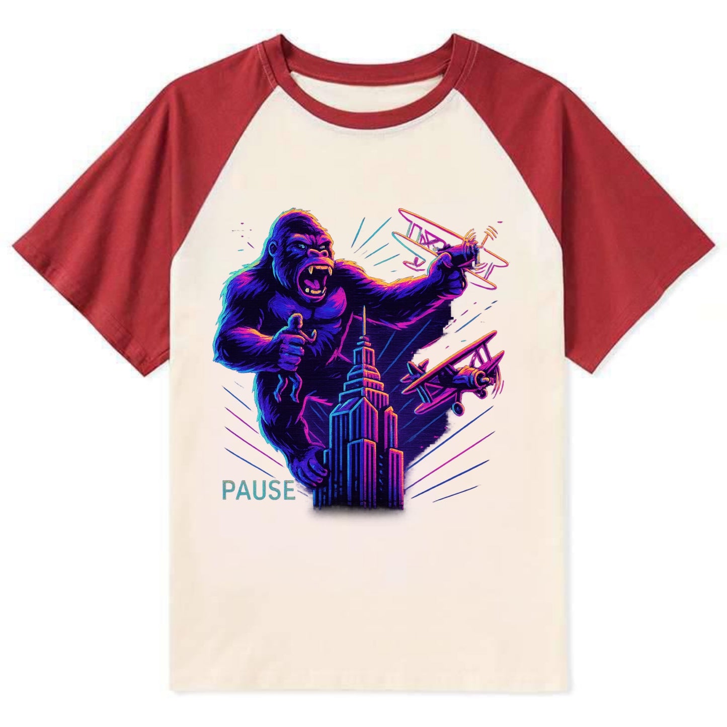 giant gorilla on top of skyscraper holding small figure, swatting planes - Contrast Raglan T-shirt - Red