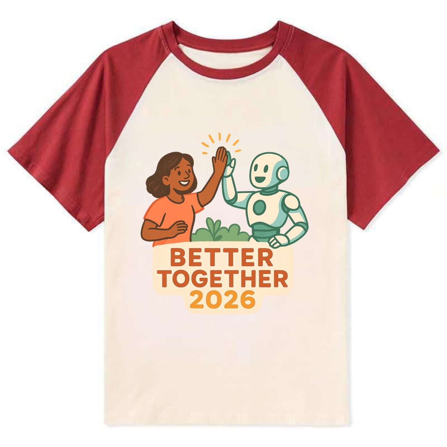 Human and AI robot high-fiving as collaborative partners - "Better - Contrast Raglan T-shirt - Red