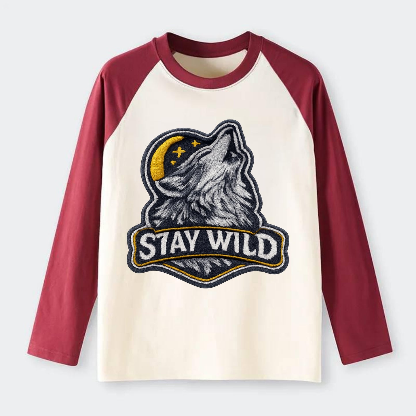 STAY WILD - wolf with text in gray , free spirit - Raglan Long Sleeve T-Shirt - Red