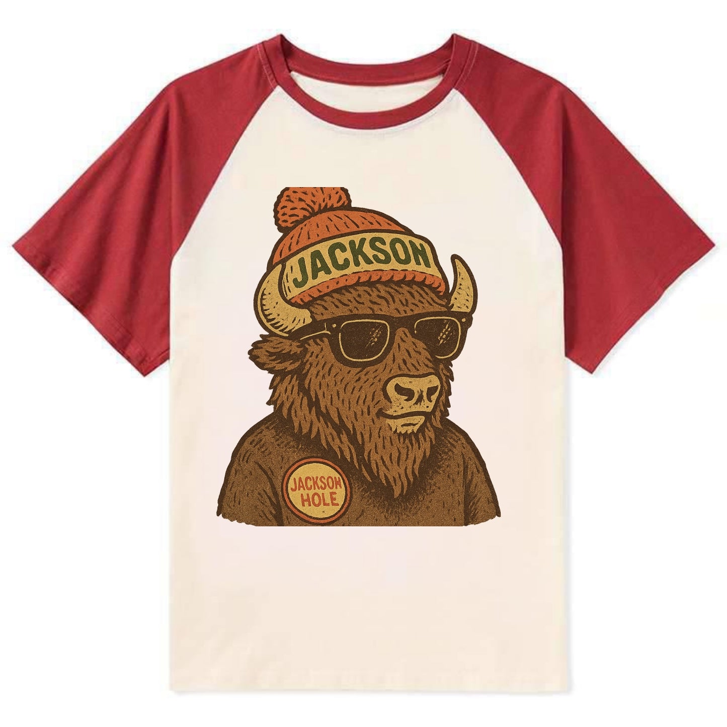 Jackson Hole Bison wearing Jackson beanie with pom pom and wayfarer - Contrast Raglan T-shirt - Red