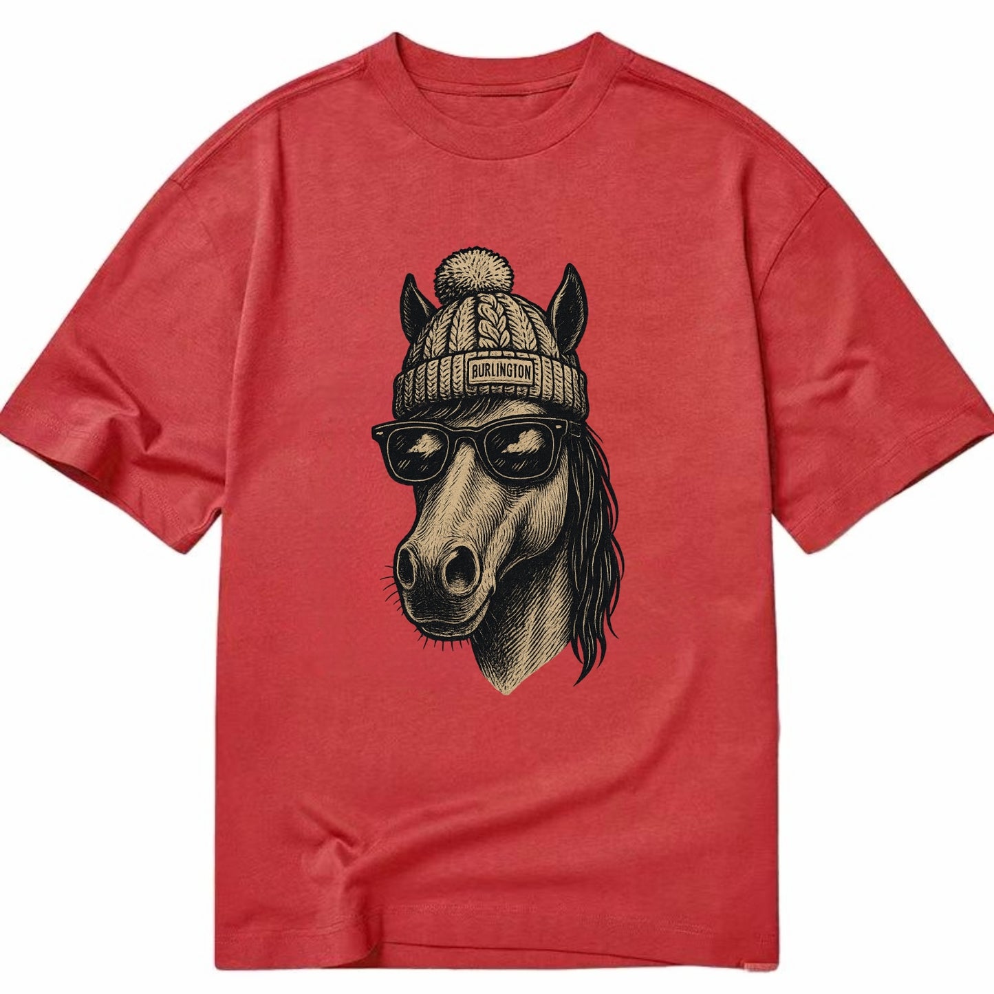 Vermont Morgan Horse wearing Burlington beanie with pom pom and wayfarer - Classic T-shirt - Red