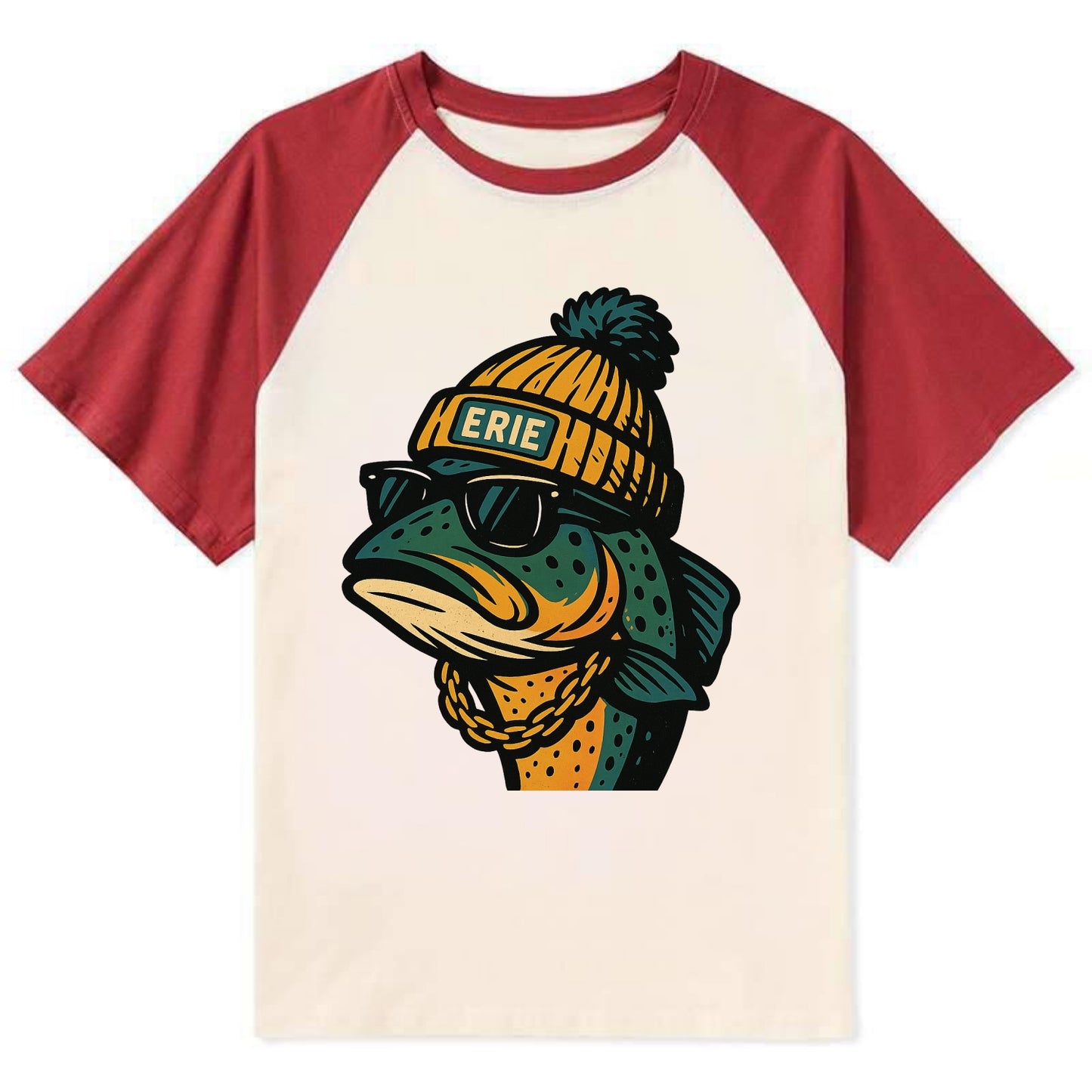 Erie Lake Trout wearing Erie beanie with pom pom and wayfarer sunglasses - Contrast Raglan T-shirt - Red