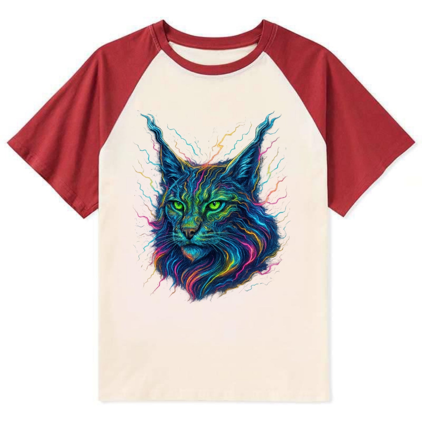 Wild lynx with ear tufts transforming into liquid mercury flows, silver - Contrast Raglan T-shirt - Red