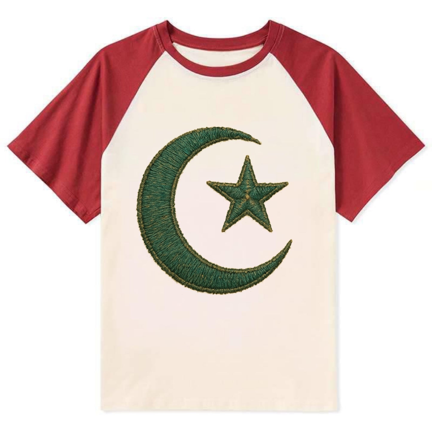 Crescent Moon and Star - Contrast Raglan T-shirt - Red
