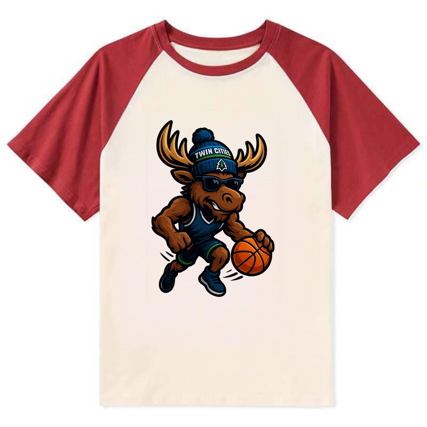 Twin Cities Moose wearing Timberwolves beanie with pine tree patch and - Contrast Raglan T-shirt - Red
