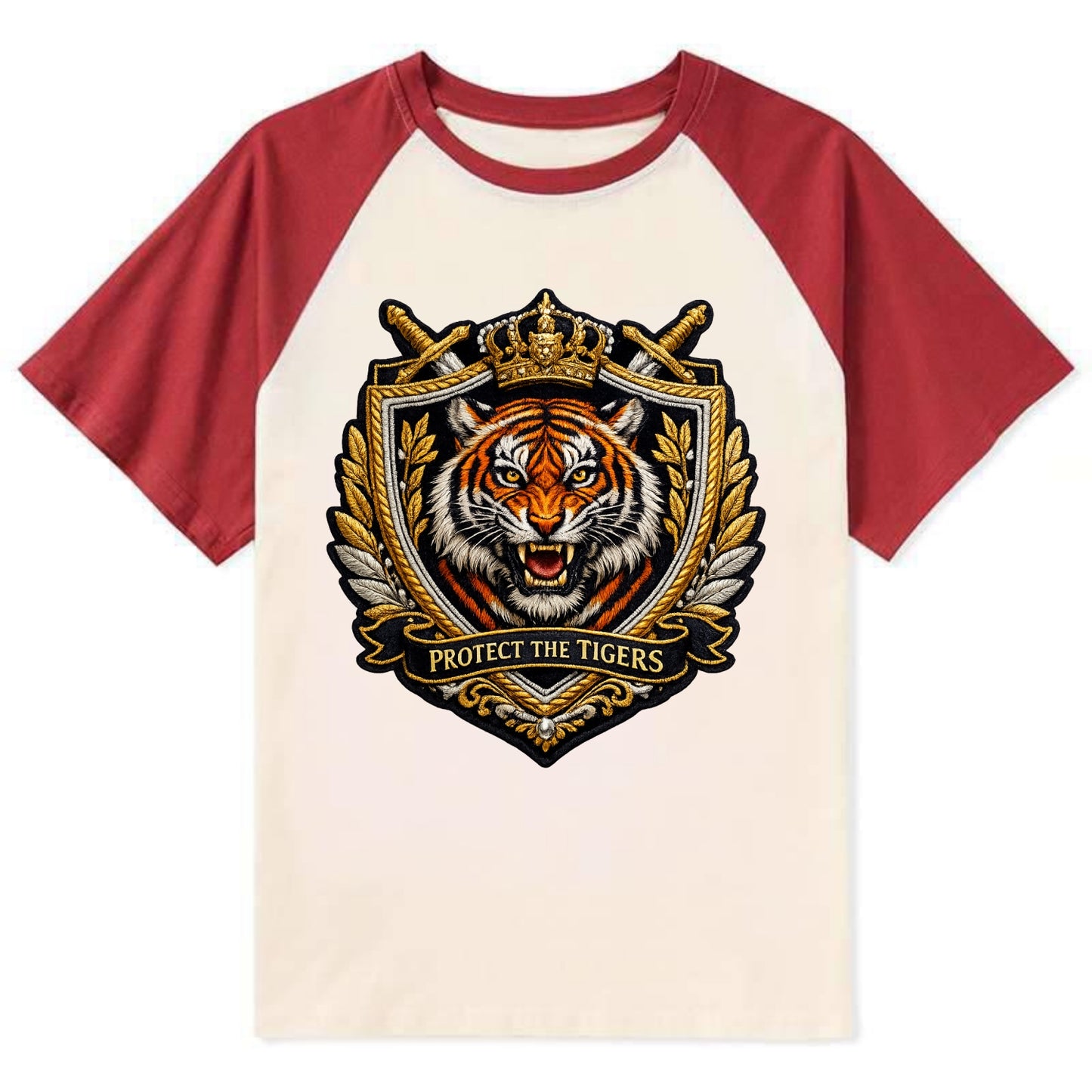 PROTECT THE TIGERS - tiger with shield in orange , big cat conservation - Contrast Raglan T-shirt - Red