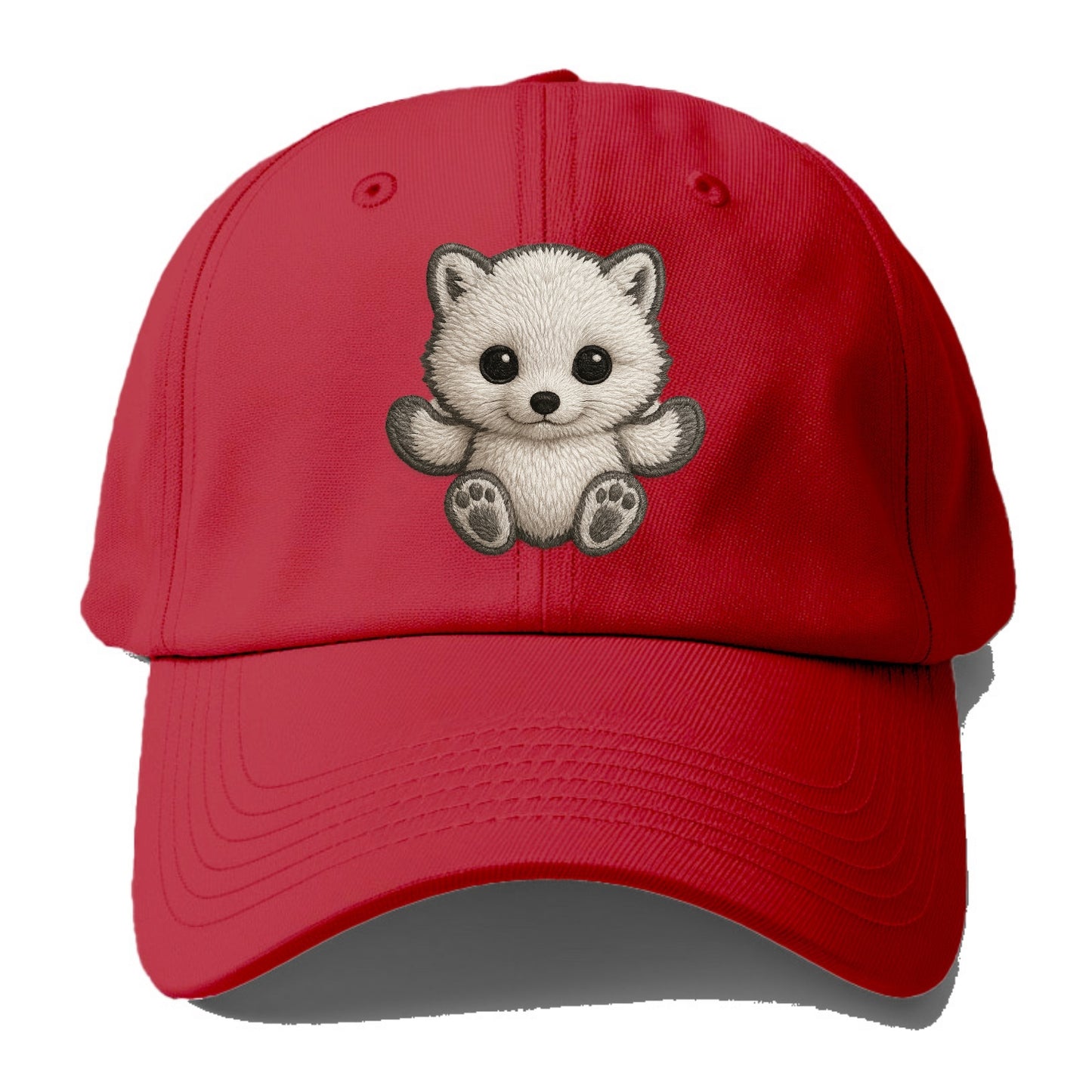 Baby Arctic Fox - white fluffy, tiny black nose, bright curious eyes, front-facing, - Baseball Cap - Red