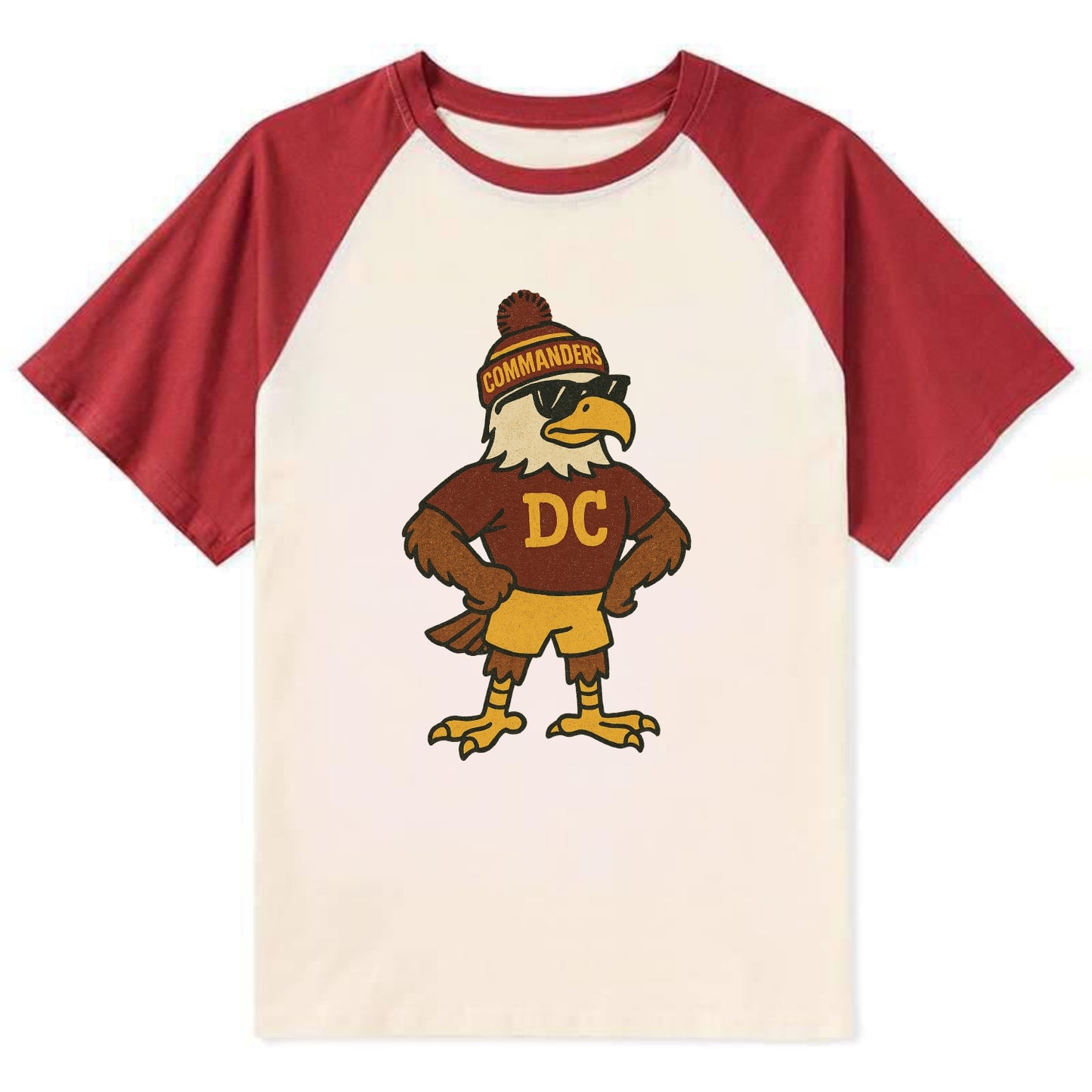 DC Eagle wearing Commanders burgundy and gold beanie with pom pom and - Contrast Raglan T-shirt - Red