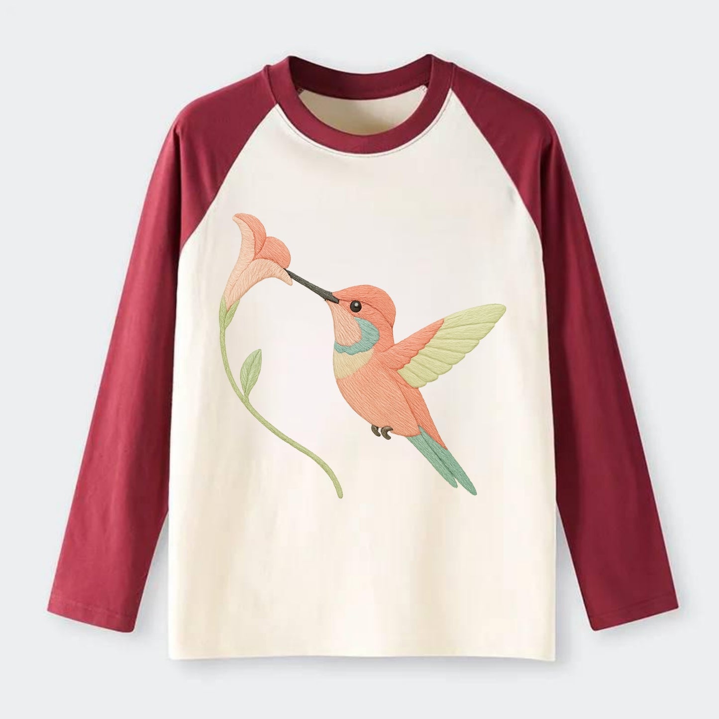 Coral Hummingbird - Raglan Long Sleeve T-Shirt - Red