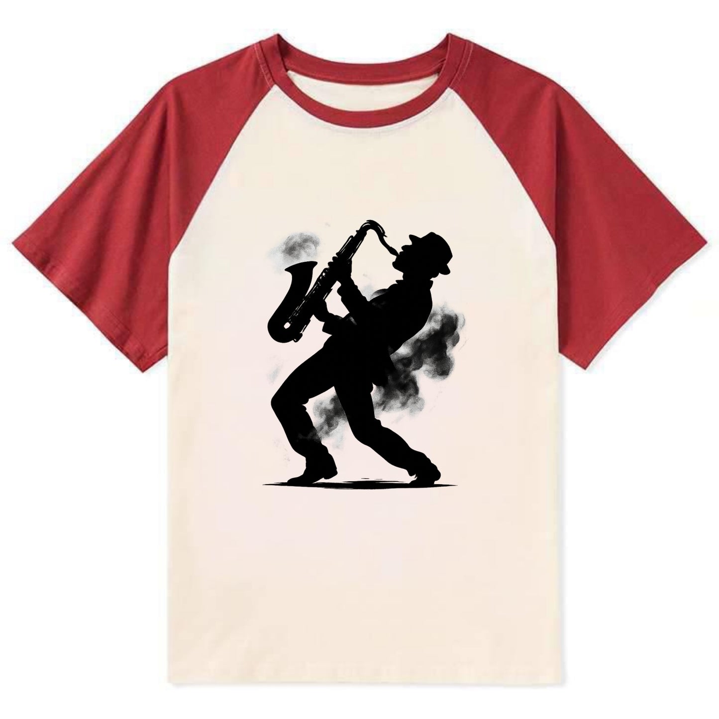 Saxophonist playing jazz in smoky room - Contrast Raglan T-shirt - Red
