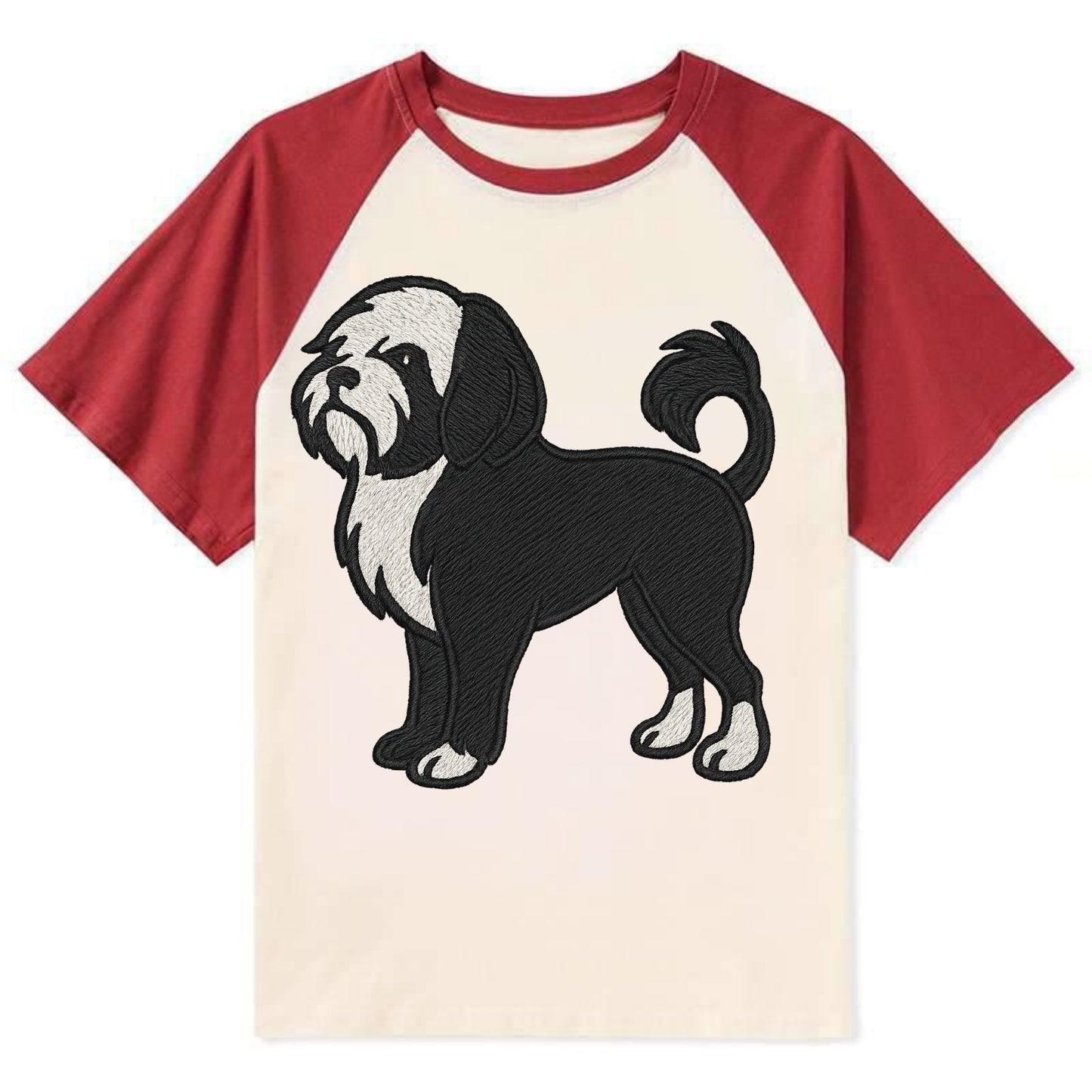 Löwchen - Black and white lion trim embr - Contrast Raglan T-shirt - Red